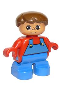 Duplo Figure, Child Type 2 Boy, Blue Legs, Red Top with Blue Overalls, Brown Hair 6453pb005