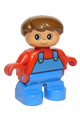 Duplo Figure, Child Type 2 Boy, Blue Legs, Red Top with Blue Overalls, Brown Hair - 6453pb005
