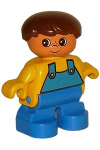 Duplo Figure, Child Type 2 Boy, Blue Legs, Yellow Top with Blue Overalls, Brown Hair 6453pb006
