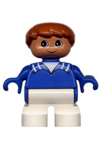 Duplo Figure, Child Type 2 Boy, White Legs, Blue Top with White Stripes on Collar, Brown Hair 6453pb007