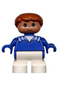 Duplo Child Boy - Child boy Duplo figure with white legs, brown hair, wearing a blue top with white stripes on collar - 6453pb007