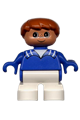 Duplo Figure, Child Type 2 Boy, White Legs, Blue Top with White Stripes on Collar, Brown Hair - 6453pb007