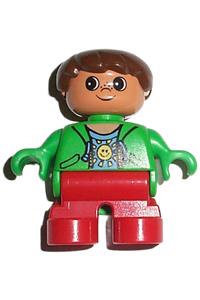 Duplo Figure, Child Type 2 Boy, Red Legs, Green Top with Sun Pattern Shirt, Brown Hair 6453pb008