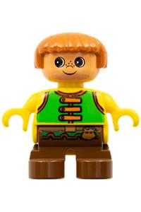 Duplo Figure, Child Type 2 Boy, Brown Legs, Green Vest with Brown Straps and Belt with Sash 6453pb009
