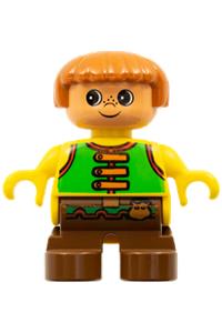 Duplo Child Boy - Child Type 2 Boy Duplo figure with brown legs, wearing a green vest with brown straps, belt, and sash - 6453pb009