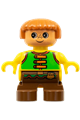 Duplo Figure, Child Type 2 Boy, Brown Legs, Green Vest with Brown Straps and Belt with Sash - 6453pb009