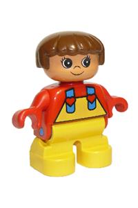 Duplo Child Girl - Child Type 2 Girl Duplo figure on yellow legs, with a red top, yellow overalls, and heart straps - 6453pb011