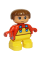 Duplo Figure, Child Type 2 Girl, Yellow Legs, Red Top with Yellow Overalls and Hearts on Straps - 6453pb011