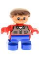 Duplo child boy with brown hair, wearing red top with dark gray shirt, and blue legs - 6453pb012