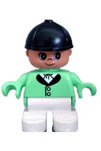 Duplo Figure, Child Type 2 Girl, White Legs, Medium Green Riding Jacket, Black Riding Hat 6453pb013