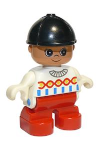 Duplo Figure, Child Type 2 Girl, Red Legs, White Top with Red, Yellow and Blue Designs, Black Riding Hat 6453pb014