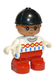 Duplo Figure, Child Type 2 Girl, Red Legs, White Top with Red, Yellow and Blue Designs, Black Riding Hat - 6453pb014