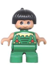 Duplo Native American Boy - A Duplo figure of a boy with black hair wearing green legs and a green top - 6453pb015