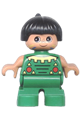 A Duplo figure of a boy with black hair wearing green legs and a green top - 6453pb015