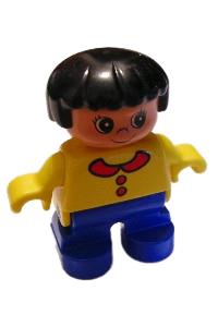 Duplo Figure, Child Type 2 Girl, Blue Legs, Yellow Top with Collar and 2 Buttons, Black Hair 6453pb016