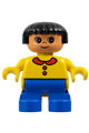 Duplo Figure, Child Type 2 Girl, Blue Legs, Yellow Top with Collar and 2 Buttons, Black Hair - 6453pb016