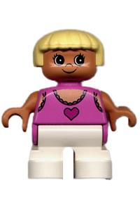 Duplo Child Girl - Child Duplo figure, girl type 2 with white legs, dark pink lace tank top with heart, and yellow hair - 6453pb017