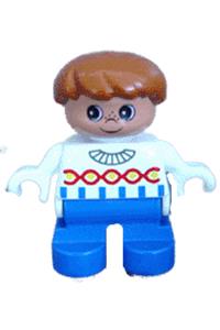 Duplo Figure, Child Type 2 Boy, Blue Legs, White Sweater with Chain Pattern, Dark Orange Hair 6453pb018