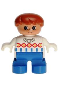 Duplo Child Boy - Boy Duplo figure with dark orange hair, wearing white sweater with chain pattern and blue legs - 6453pb018