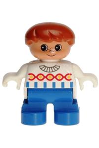 Duplo Figure, Child Type 2 Boy, Blue Legs, White Sweater with Chain Pattern, Dark Orange Hair 6453pb018