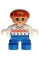Boy Duplo figure with dark orange hair, wearing white sweater with chain pattern and blue legs - 6453pb018