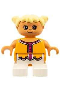 Duplo Figure, Child Type 2 Girl, White Legs, Orange and Dark Pink Top , Yellow Hair Pigtails 6453pb019