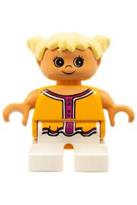 Duplo Child Girl - Child girl Duplo figure with white legs, yellow hair in pigtails, wearing an orange and dark pink top - 6453pb019