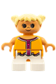 Duplo Figure, Child Type 2 Girl, White Legs, Orange and Dark Pink Top , Yellow Hair Pigtails - 6453pb019