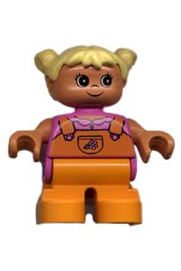 Duplo Child Girl - Duplo child minifigure, type 2 girl with yellow hair in pigtails, wearing dark pink top, orange overalls with flower, and orange legs - 6453pb020