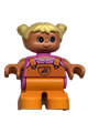 Duplo child minifigure, type 2 girl with yellow hair in pigtails, wearing dark pink top, orange overalls with flower, and orange legs - 6453pb020