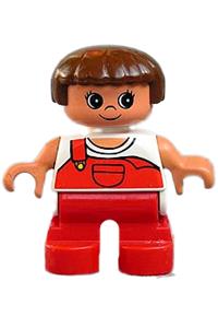 Duplo Figure, Child Type 2 Girl, Red Legs, White Top with Red Overalls with one Strap 6453pb021