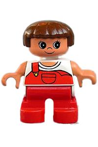 Duplo Child Girl - Child Duplo figure, type 2 girl with red legs, wearing a white top with red overalls and one strap - 6453pb021