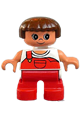 Duplo Figure, Child Type 2 Girl, Red Legs, White Top with Red Overalls with one Strap - 6453pb021