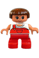 Child Duplo figure, type 2 girl with red legs, wearing a white top with red overalls and one strap - 6453pb021