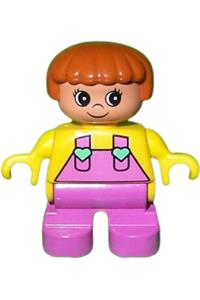 Duplo Child Girl - Duplo child girl with dark pink legs, wearing a yellow top with dark pink overalls and heart details - 6453pb022