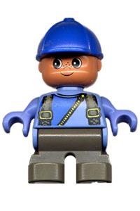 Duplo Child Boy - Child Duplo boy with dark gray legs, suspenders with yellow zipper, and a blue cap - 6453pb023