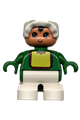Child Duplo figure with white legs, wearing a green top with yellow bib and red lace, and a white bonnet - 6453pb024
