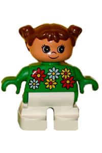 Duplo Figure, Child Type 2 Girl, White Legs, White, Red and Yellow Flowers, Brown Hair 6453pb026