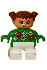 Duplo Child Girl - Child Duplo girl with white legs, white, red and yellow flowers, and brown hair - 6453pb026