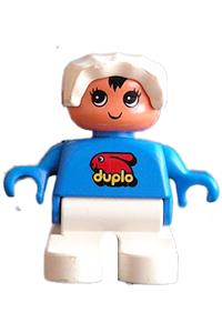 Duplo Figure, Child Type 2 Baby, White Legs, Blue Top with Duplo Bunny Logo, White Bonnet 6453pb027