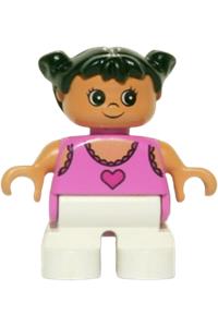 Duplo Child Girl - Duplo child type 2 girl with white legs, wearing a dark pink lace tank top with heart, and black hair in pigtails - 6453pb028