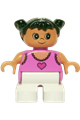 Duplo child type 2 girl with white legs, wearing a dark pink lace tank top with heart, and black hair in pigtails - 6453pb028