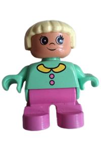 Duplo Figure, Child Type 2 Girl, Dark Pink Legs, Medium Green Top with Buttons and Collar, Light Yellow Hair 6453pb029