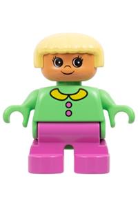 Duplo Child Girl - Child Duplo girl with light yellow hair, wearing medium green top with buttons and collar, and dark pink legs - 6453pb029