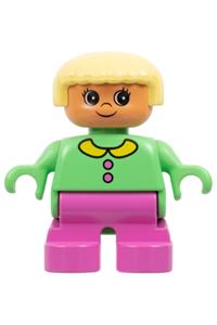 Duplo Figure, Child Type 2 Girl, Dark Pink Legs, Medium Green Top with Buttons and Collar, Light Yellow Hair 6453pb029