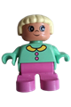 Duplo Figure, Child Type 2 Girl, Dark Pink Legs, Medium Green Top with Buttons and Collar, Light Yellow Hair - 6453pb029