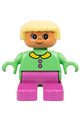 Child Duplo girl with light yellow hair, wearing medium green top with buttons and collar, and dark pink legs - 6453pb029