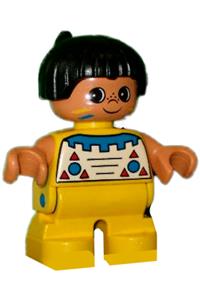 Duplo Figure, Child Type 2 Boy, Yellow Legs, Top with Geometric Pattern, Black Hair with Feather 6453pb030