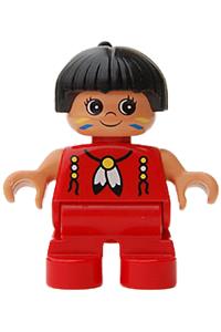 Duplo American Indian Child Girl - Girl Duplo figure with red legs, red top with feather necklace, and black hair with a feather - 6453pb031