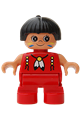 Girl Duplo figure with red legs, red top with feather necklace, and black hair with a feather - 6453pb031